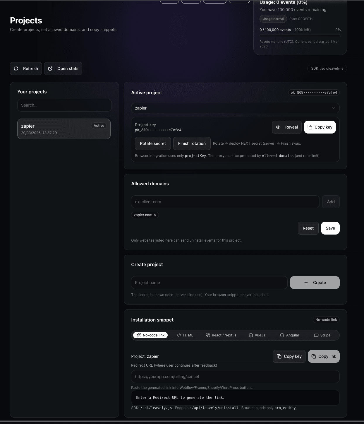 Leavely projects dashboard with active project, allowed domains, and installation snippet